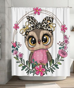 Cartoon Owl Shower Curtain Floral Wreath, Cute Fashion Design Bathtub Fabric Waterproof Curtain 