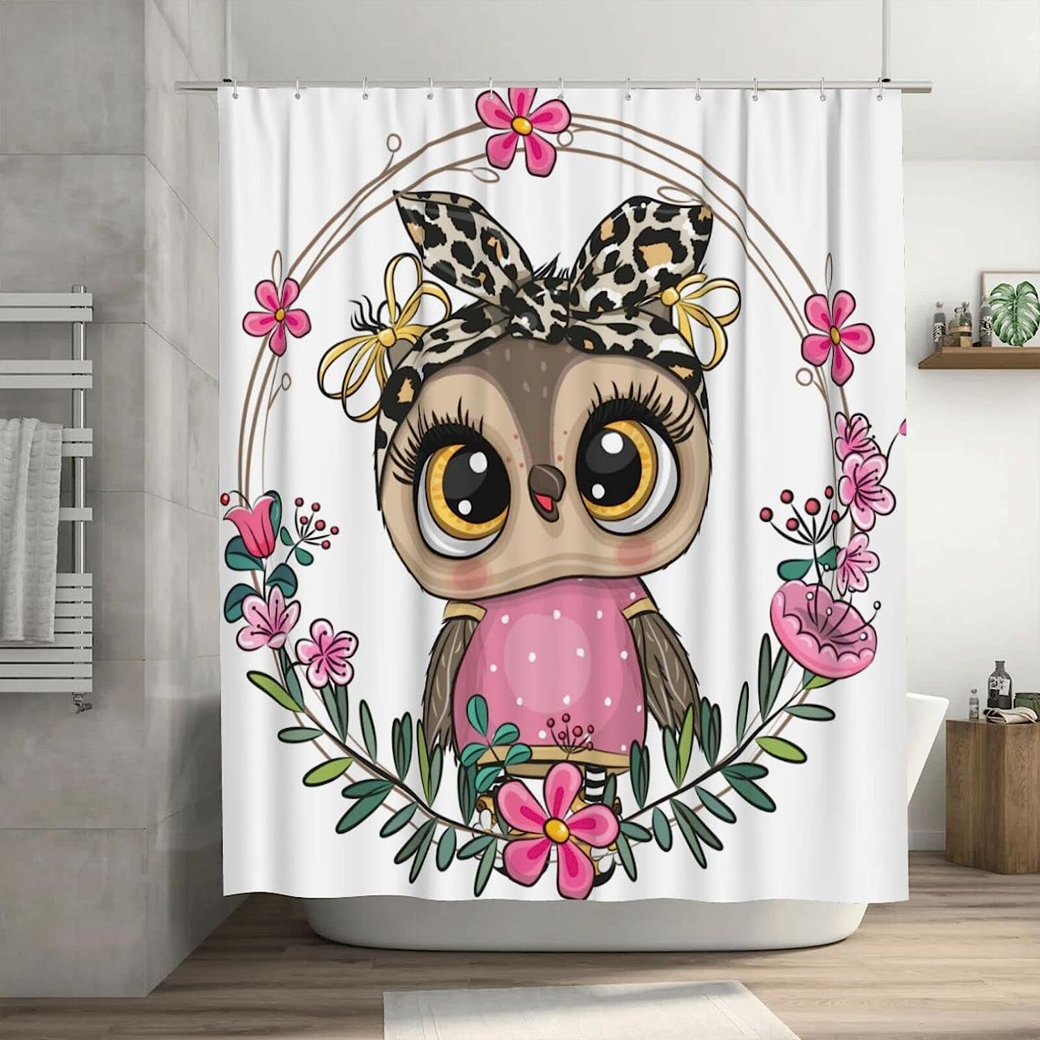 Cartoon Owl Shower Curtain Floral Wreath, Cute Fashion Design Bathtub Fabric Waterproof Curtain