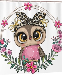 Cartoon Owl Shower Curtain Floral Wreath, Cute Fashion Design Bathtub Fabric Waterproof Curtain
