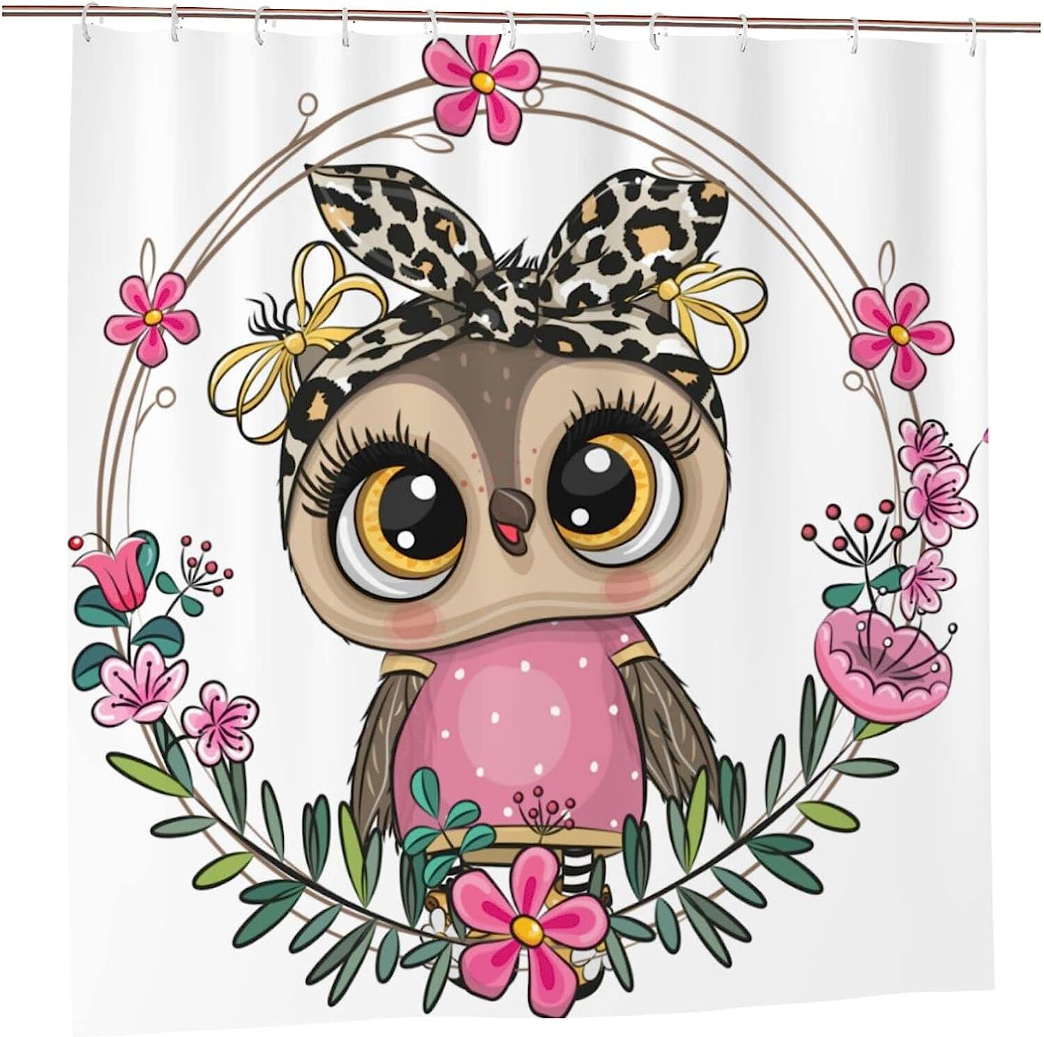 Cartoon Owl Shower Curtain Floral Wreath, Cute Fashion Design Bathtub Fabric Waterproof Curtain