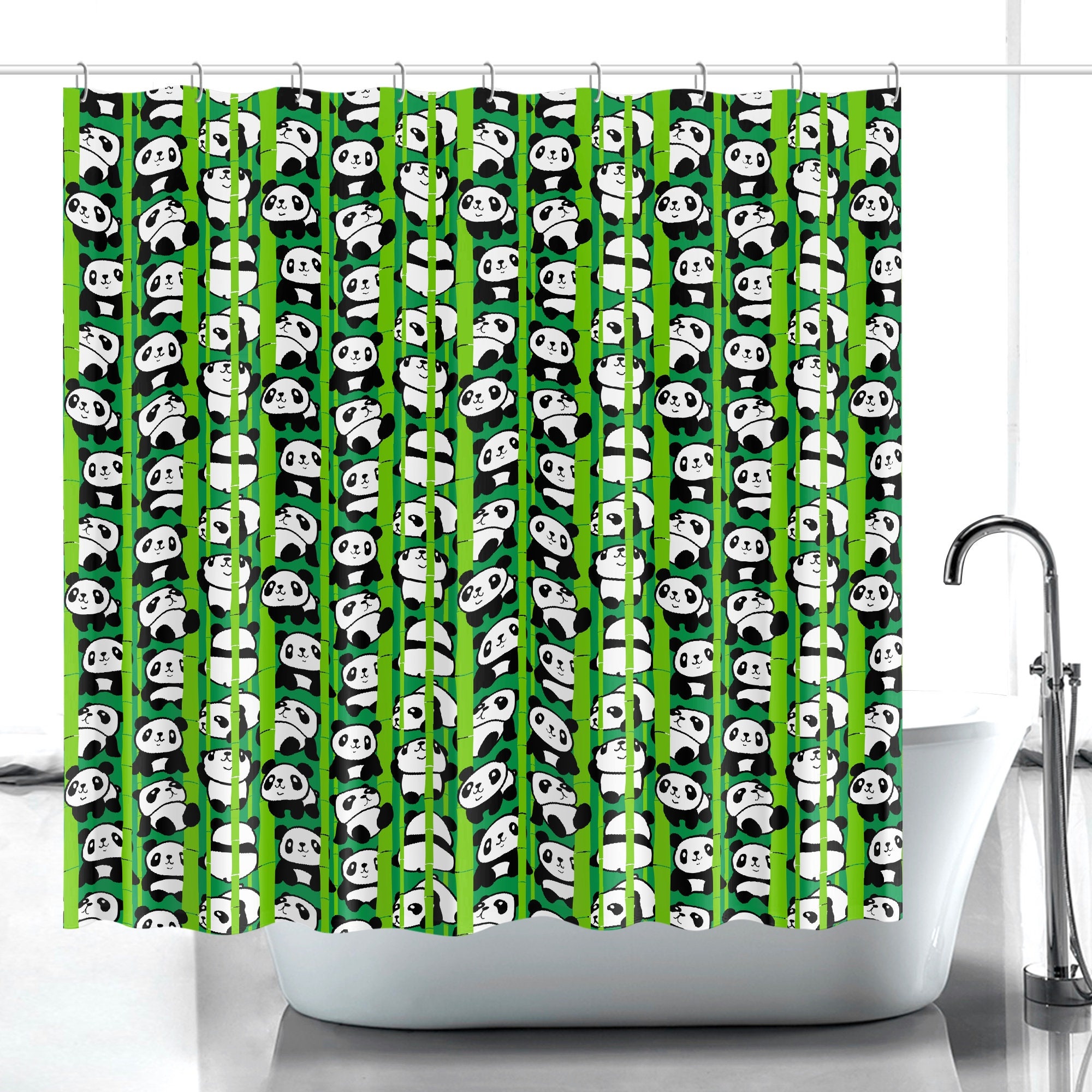 Cartoon Panda With Bamboo Shower Curtain For Bathroom Decor