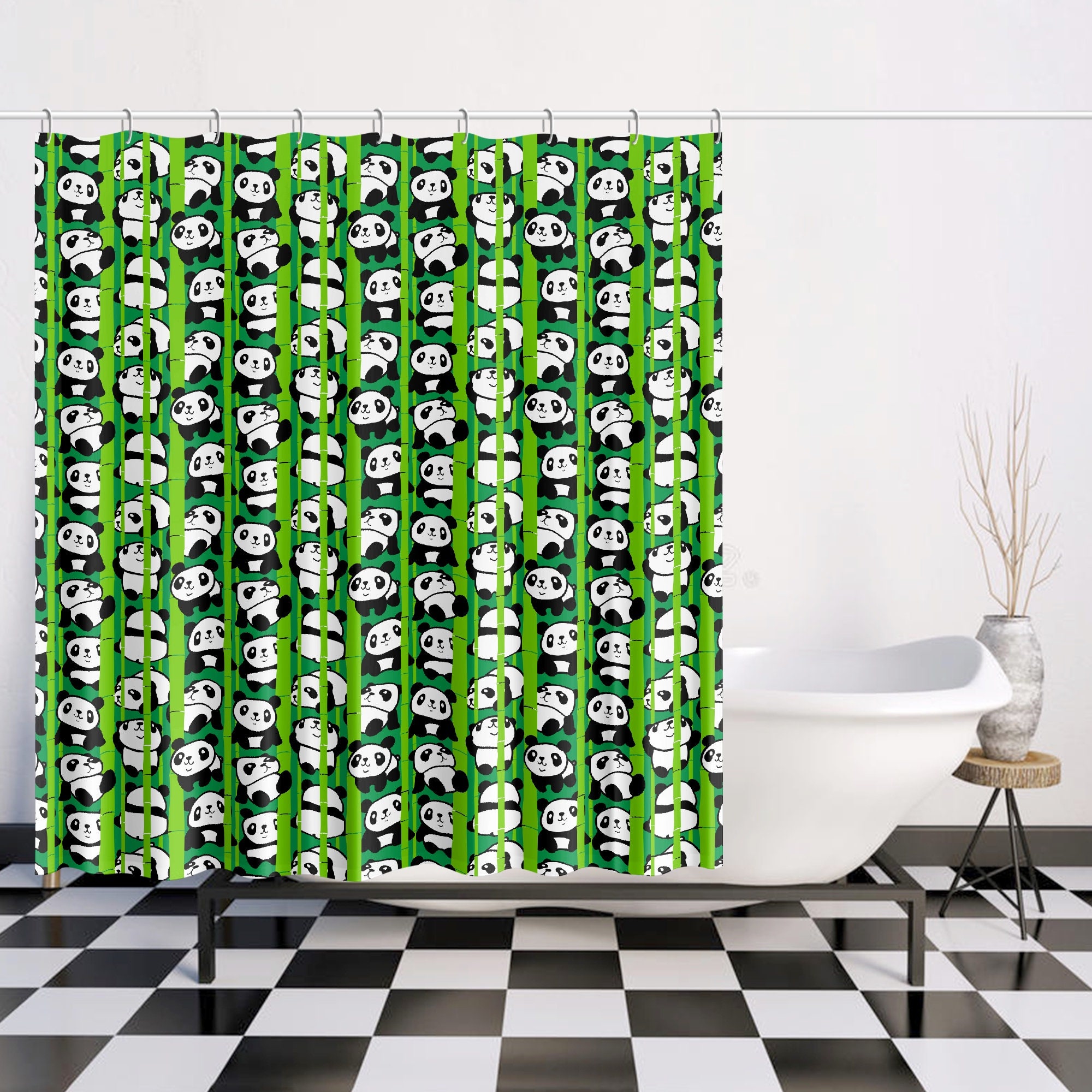 Cartoon Panda With Bamboo Shower Curtain For Bathroom Decor - Image 2