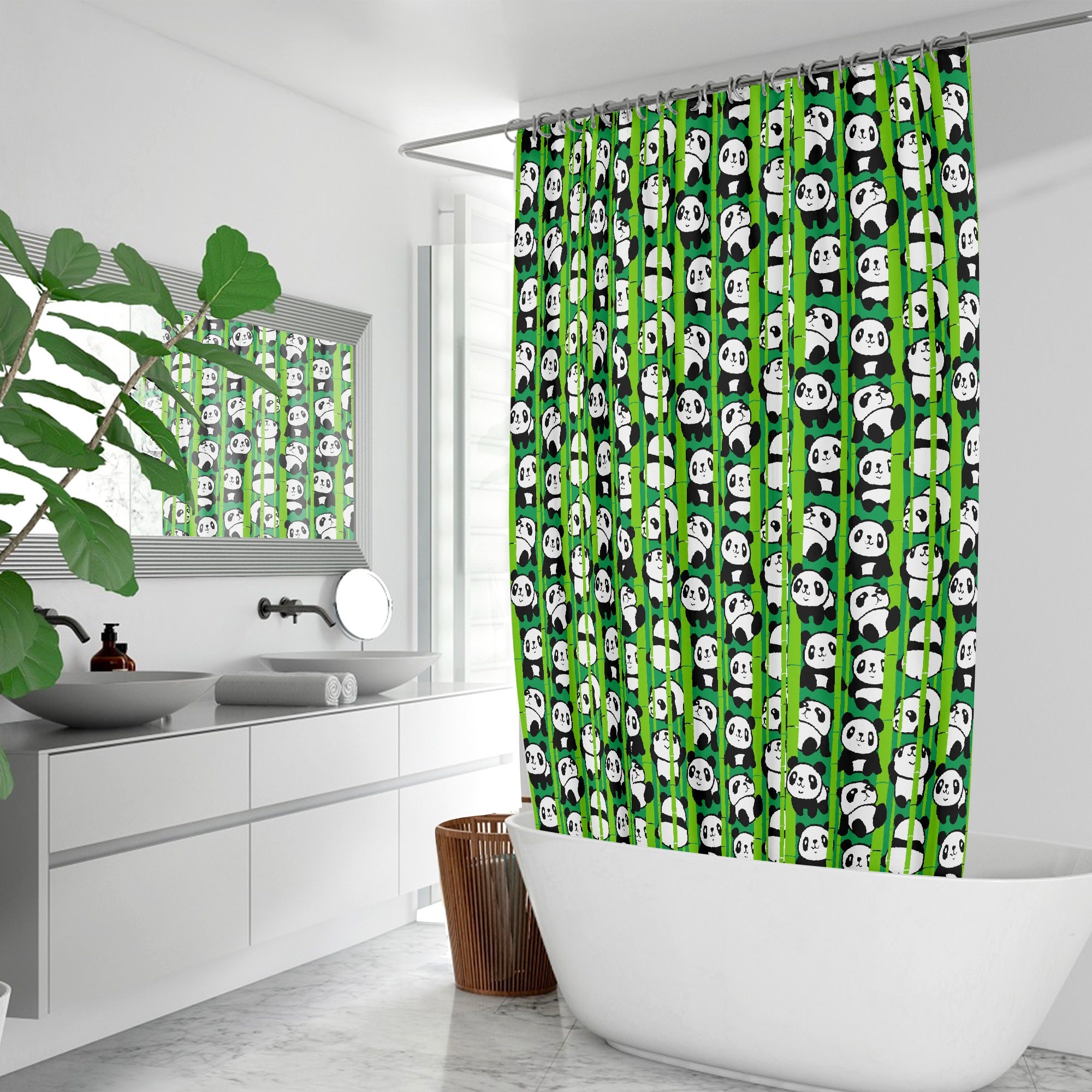Cartoon Panda With Bamboo Shower Curtain For Bathroom Decor - Image 3