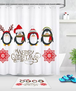 Cartoon Penguin Santa Claus Christmas Shower Curtain Set For Bathroom Decoration