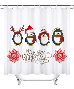 Cartoon Penguin Santa Claus Christmas Shower Curtain Set For Bathroom Decoration