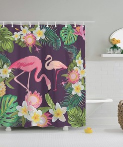Cartoon Pink Flamingo With Flowers Shower Curtain, Cute And Colorful Bathroom Decor For Animal Lovers