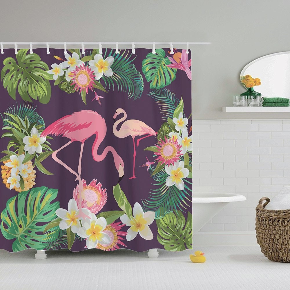 Cartoon Pink Flamingo With Flowers Shower Curtain, Cute And Colorful Bathroom Decor For Animal Lovers