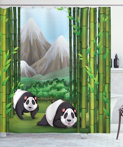Cartoon Print Of Panda Bear And Bamboo Trees, Adorable Shower Curtain For Kids' Bathroom