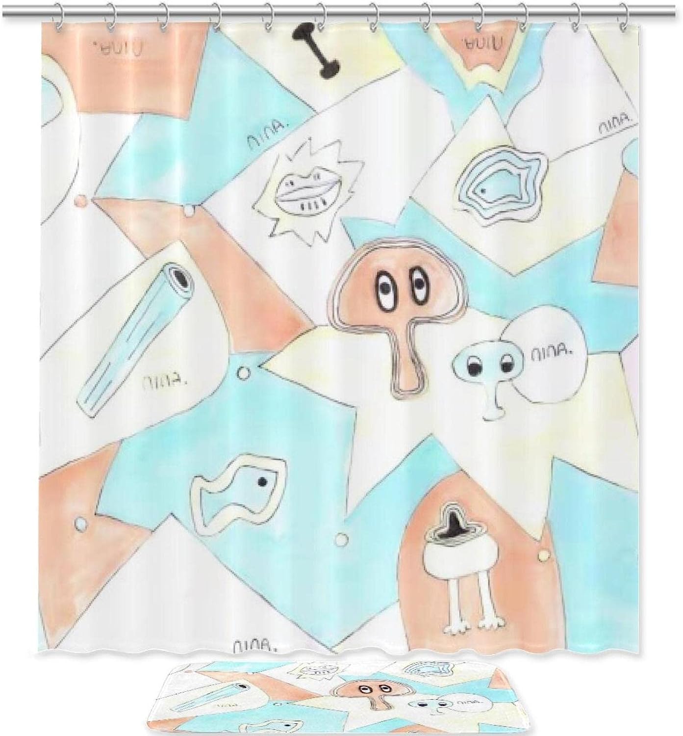 Cartoon Red Mushroom Bathroom Set With Waterproof Fabric Shower Curtain