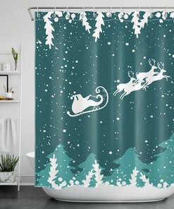 Cartoon Santa Snowman Penguin Reindeer Shower Curtain for a Fun Christmas Bathroom Decor