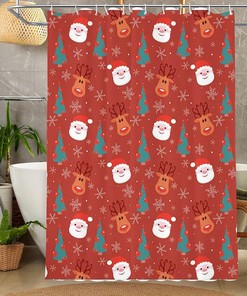 Cartoon Santa Tree and Snowflakes Merry Christmas Shower CurtainFestive Bathroom Decor