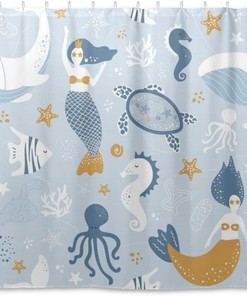 Cartoon Sea Creature Mermaid Print Shower Curtain Customizable Bathroom Decor