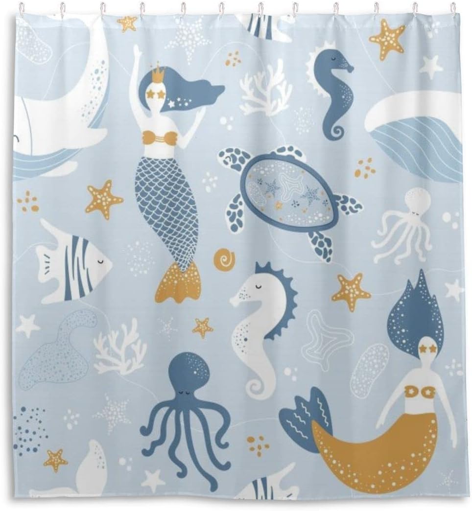 Cartoon Sea Creature Mermaid Print Shower Curtain Customizable Bathroom Decor