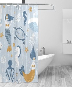 Cartoon Sea Creature Mermaid Print Shower Curtain Customizable Bathroom Decor