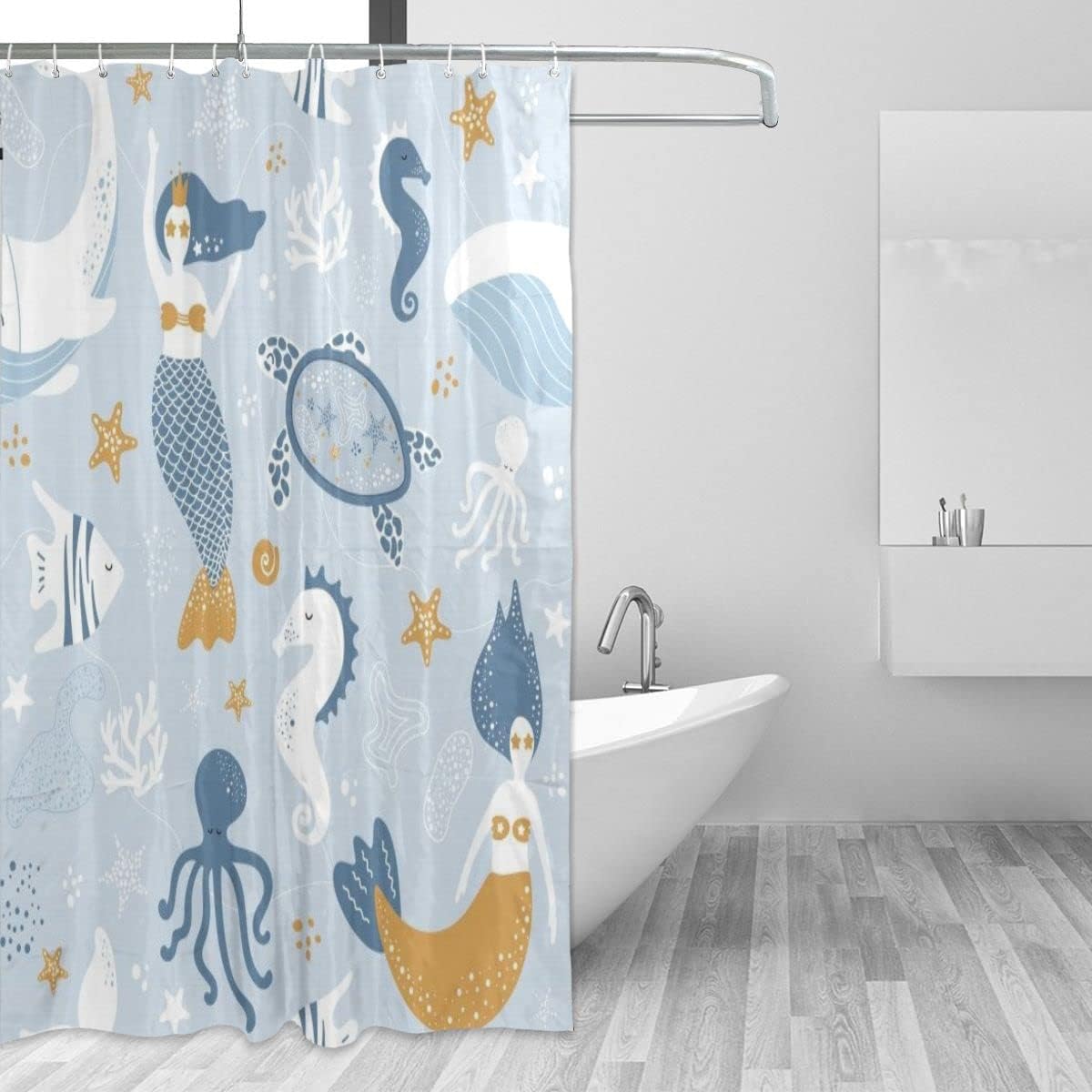 Cartoon Sea Creature Mermaid Print Shower Curtain Customizable Bathroom Decor