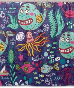 Cartoon Sea Creatures Shower Curtain For Kid'S Bathroom Decor