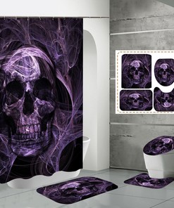 Cartoon Skeleton Skull Bathroom Shower Curtain and Rug Set Bath Mat Halloween Decoration