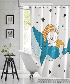 Cartoon Sleeping Bear & Whale Star Shower Curtain for Kids Bathroom Decor