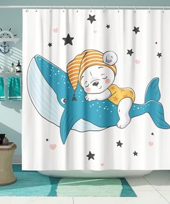 Cartoon Sleeping Bear & Whale Star Shower Curtain for Kids Bathroom Decor