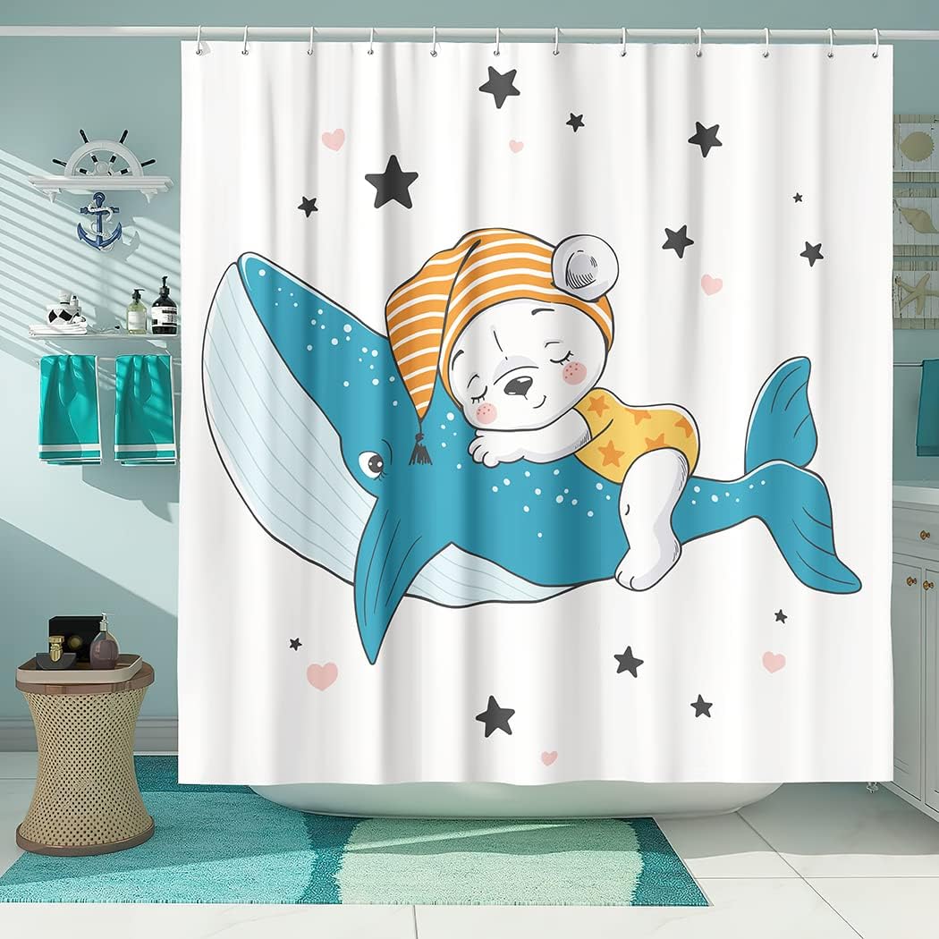 Cartoon Sleeping Bear & Whale Star Shower Curtain for Kids Bathroom Decor