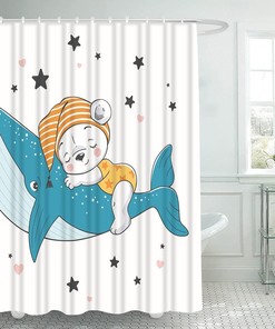 Cartoon Sleeping Bear & Whale Star Shower Curtain for Kids Bathroom Decor