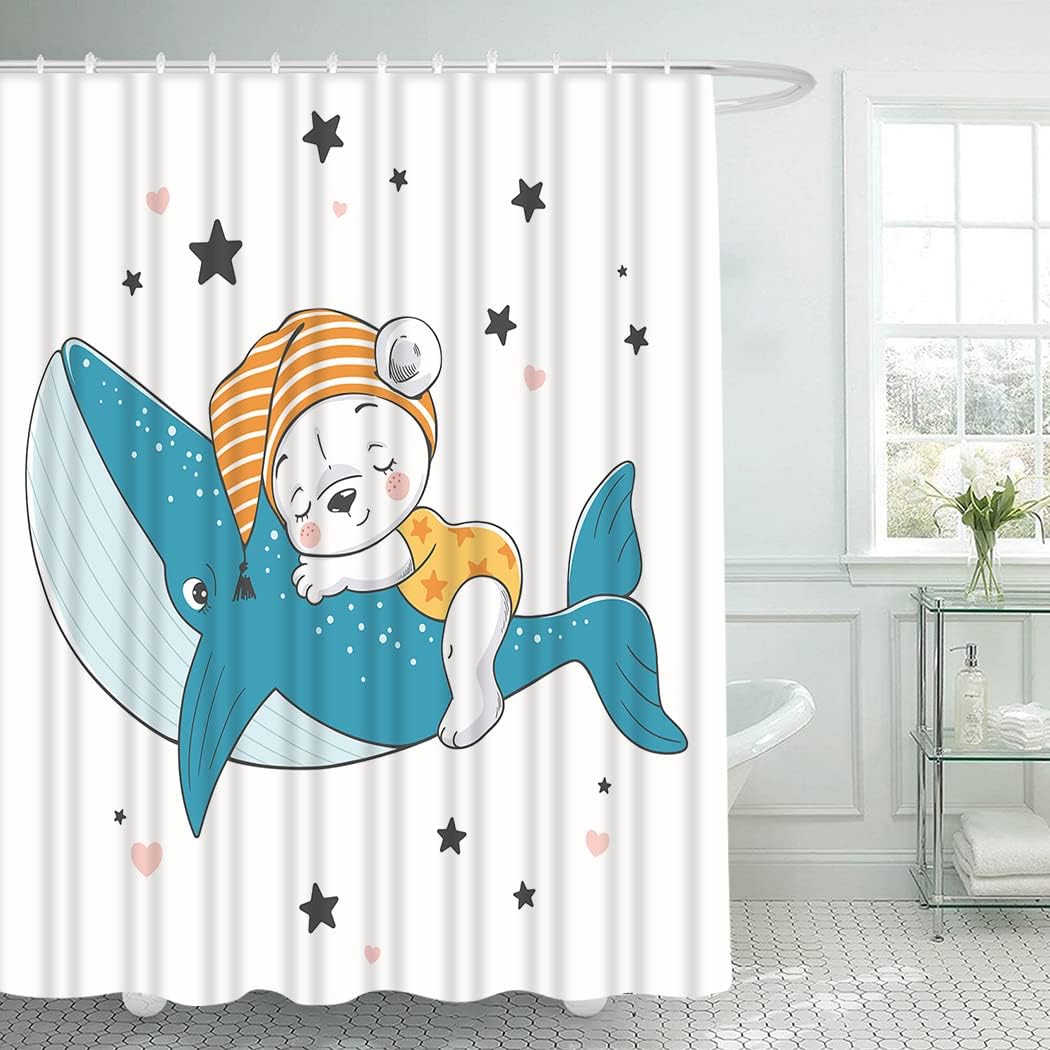 Cartoon Sleeping Bear & Whale Star Shower Curtain for Kids Bathroom Decor
