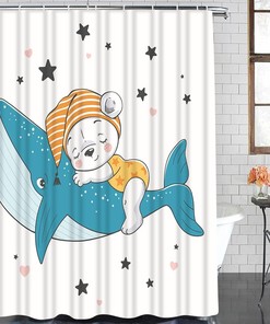 Cartoon Sleeping Bear & Whale Star Shower Curtain for Kids Bathroom Decor