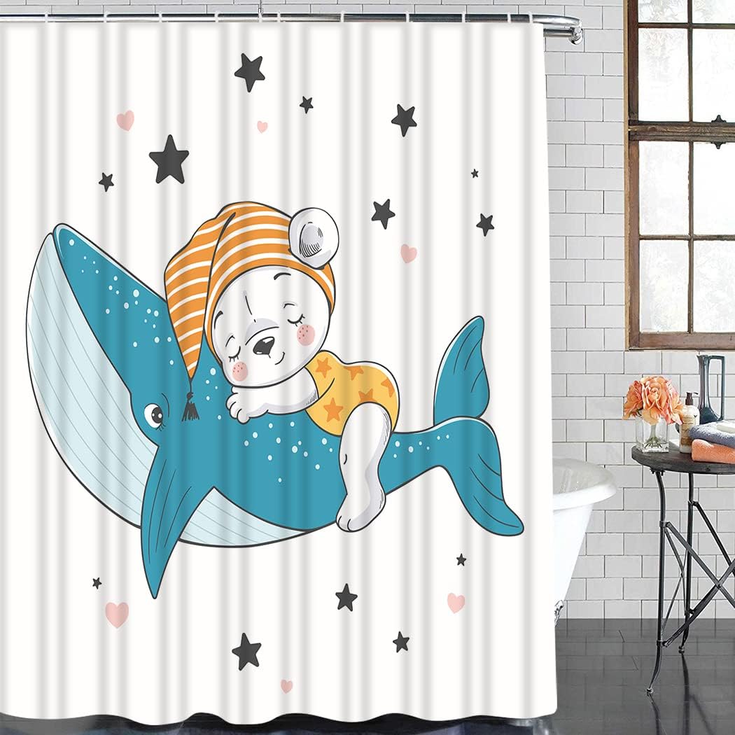 Cartoon Sleeping Bear & Whale Star Shower Curtain for Kids Bathroom Decor
