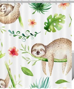 Cartoon Sloth in Tropical Trees Print Fabric Shower Curtain for Playful Bathroom