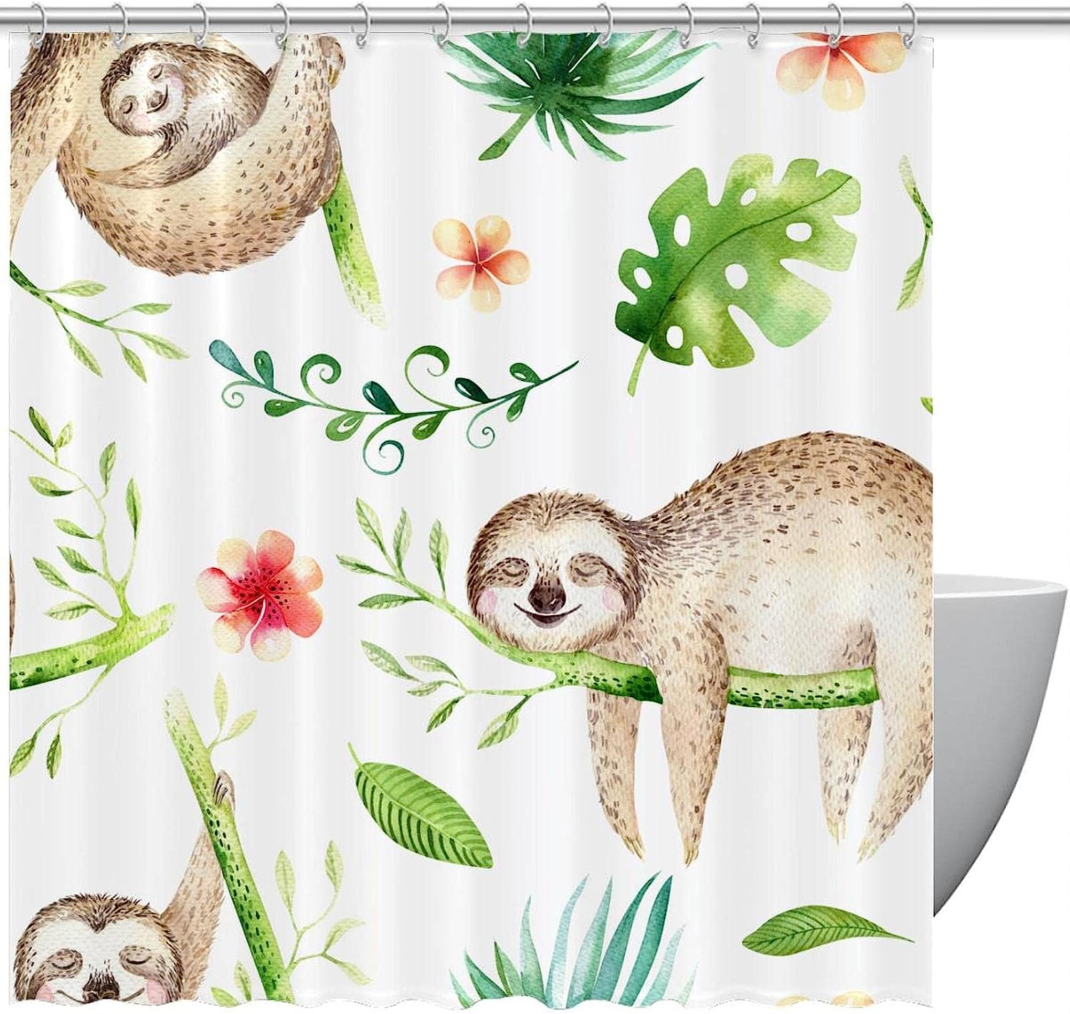 Cartoon Sloth in Tropical Trees Print Fabric Shower Curtain for Playful Bathroom