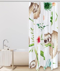 Cartoon Sloth in Tropical Trees Print Fabric Shower Curtain for Playful Bathroom
