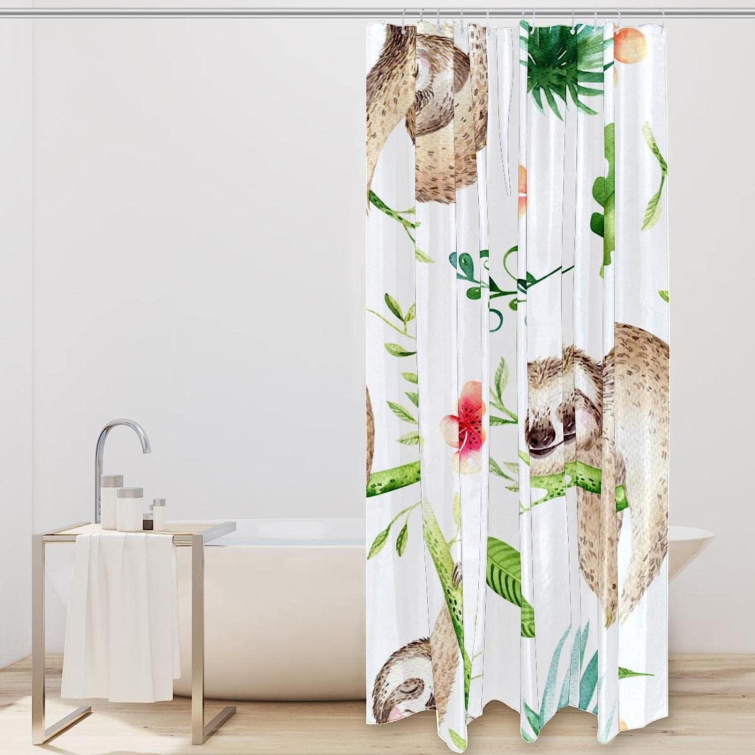 Cartoon Sloth in Tropical Trees Print Fabric Shower Curtain for Playful Bathroom