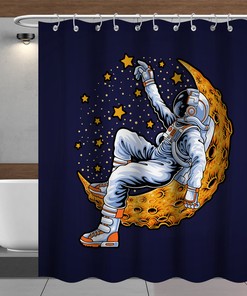 Cartoon Space Universe Shower Curtain With Astronauts, Moon, And Stars,