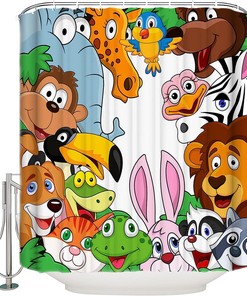 Cartoon Style Animal Elephant Giraffe Lion Frog Rabbit Shower Curtain for Kid-Friendly Bathroom Decor
