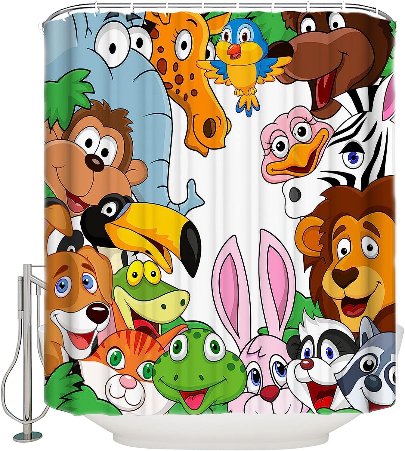 Cartoon Style Animal Elephant Giraffe Lion Frog Rabbit Shower Curtain for Kid-Friendly Bathroom Decor