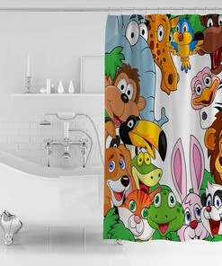 Cartoon Style Animal Elephant Giraffe Lion Frog Rabbit Shower Curtain for Kid-Friendly Bathroom Decor