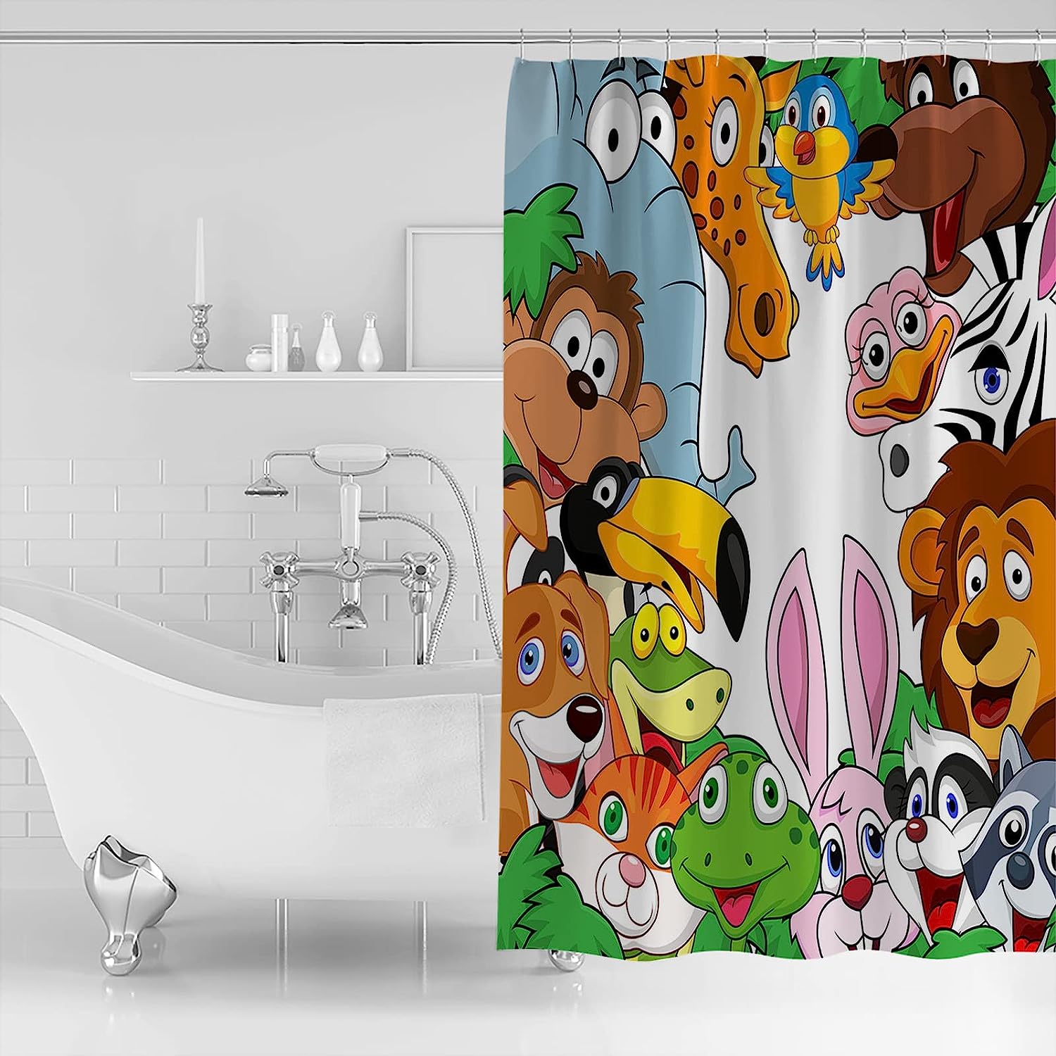 Cartoon Style Animal Elephant Giraffe Lion Frog Rabbit Shower Curtain for Kid-Friendly Bathroom Decor