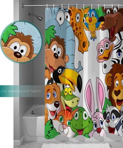 Cartoon Style Animal Elephant Giraffe Lion Frog Rabbit Shower Curtain for Kid-Friendly Bathroom Decor