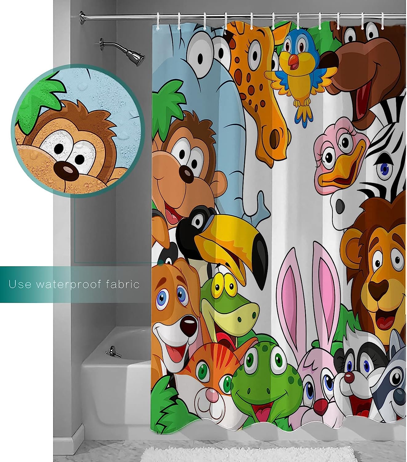 Cartoon Style Animal Elephant Giraffe Lion Frog Rabbit Shower Curtain for Kid-Friendly Bathroom Decor