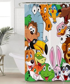 Cartoon Style Animal Elephant Giraffe Lion Frog Rabbit Shower Curtain for Kid-Friendly Bathroom Decor