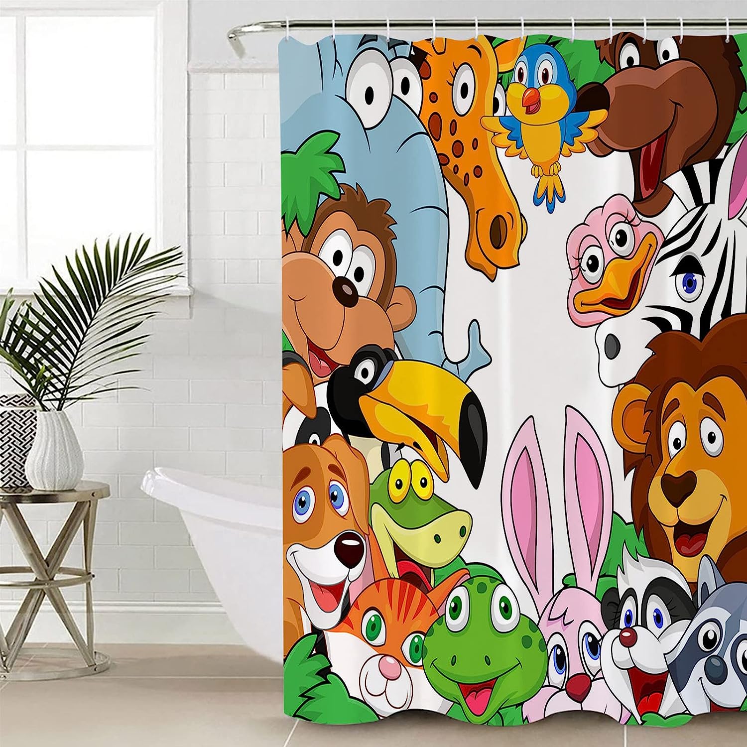 Cartoon Style Animal Elephant Giraffe Lion Frog Rabbit Shower Curtain for Kid-Friendly Bathroom Decor