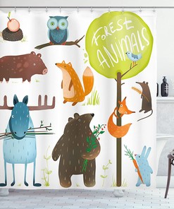 Cartoon Style Animals Like Bear Deer Fox Owl Pig Mouse Squirrel And Rabbit Shower Curtain