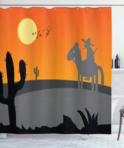 Cartoon Style Hot Mexico Desert Landscape With Saguaro Cactus And Horse Rider Southwestern Shower Curtain
