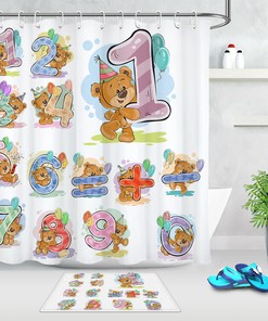 Cartoon Style Kids Education Fabric Shower Curtain With Cute Bears, Animal Bathroom Decor