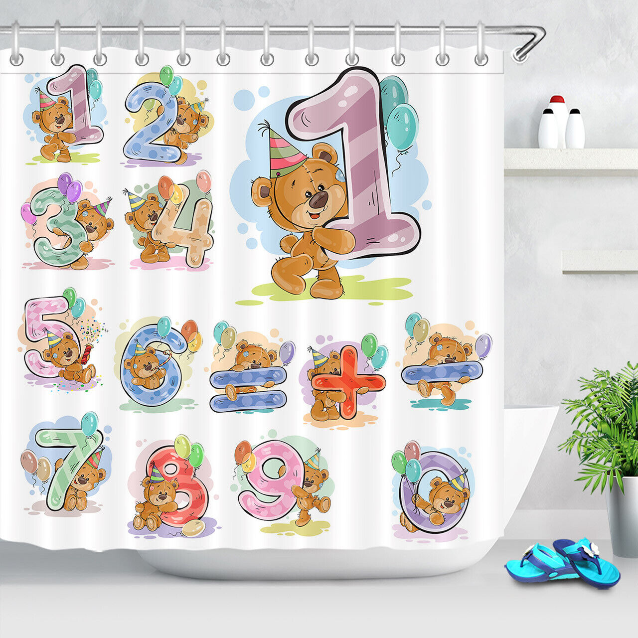 Cartoon Style Kids Education Fabric Shower Curtain With Cute Bears, Animal Bathroom Decor - Image 2