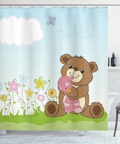 Cartoon Teddy Bear and Toy Printed Shower Curtain for Kid's Bathroom Decor- Waterproof and Fun 