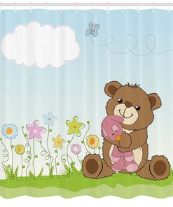 Cartoon Teddy Bear and Toy Printed Shower Curtain for Kid's Bathroom Decor- Waterproof and Fun