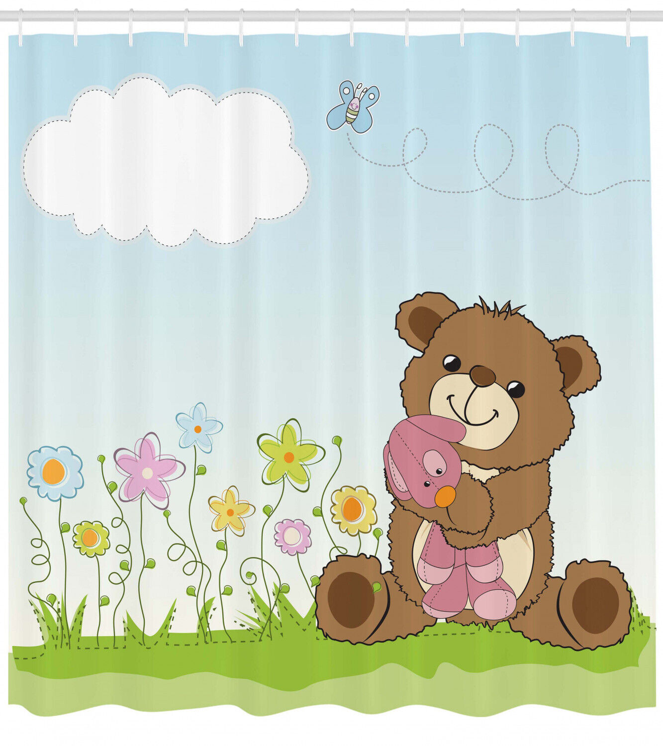 Cartoon Teddy Bear and Toy Printed Shower Curtain for Kid's Bathroom Decor- Waterproof and Fun