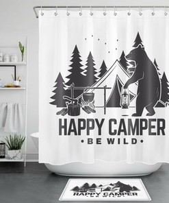 Cartoon Tent Campfire Bear Happy Camper Shower Curtain For An Adventurous Bathroom 