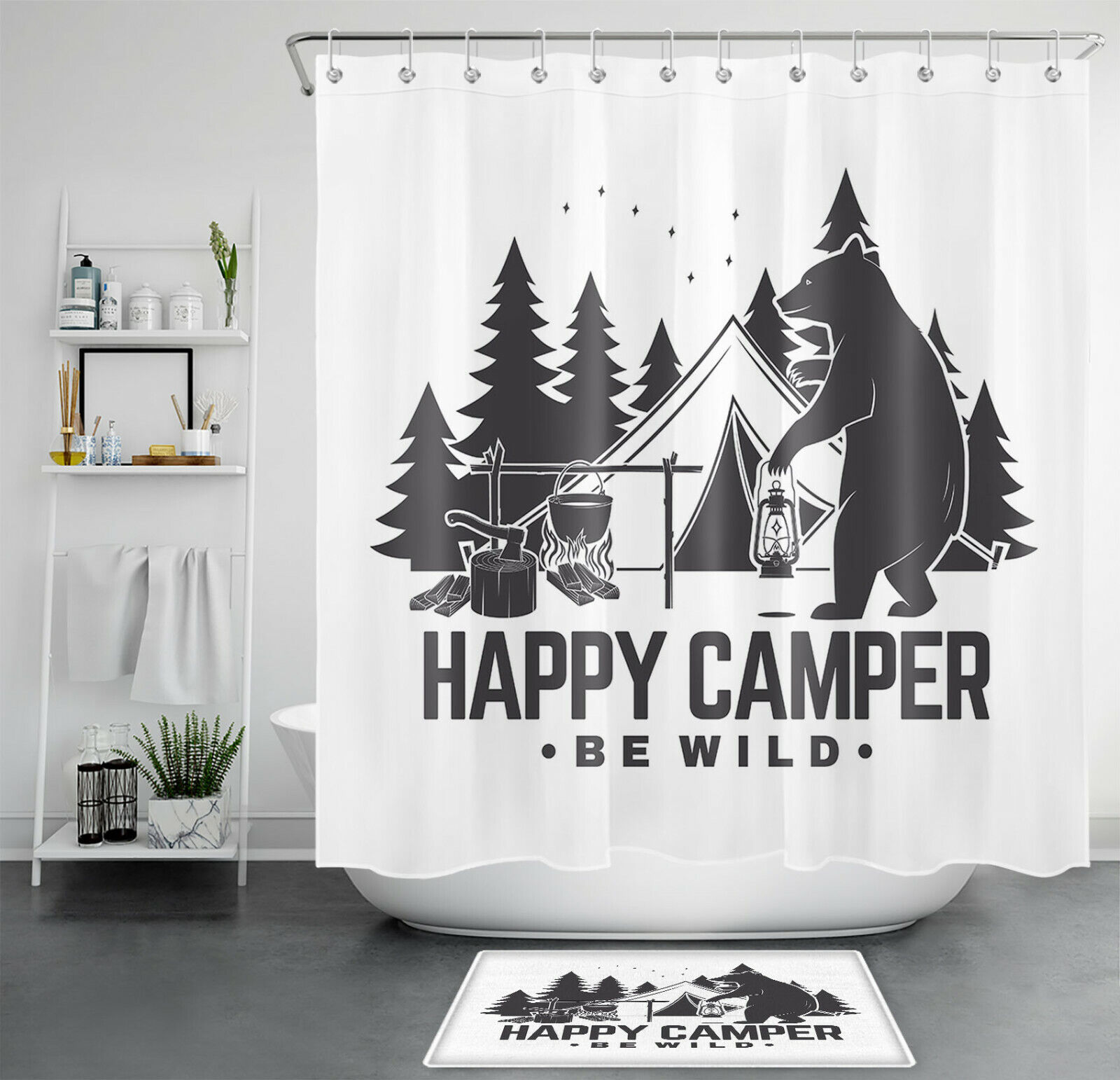 Cartoon Tent Campfire Bear Happy Camper Shower Curtain For An Adventurous Bathroom